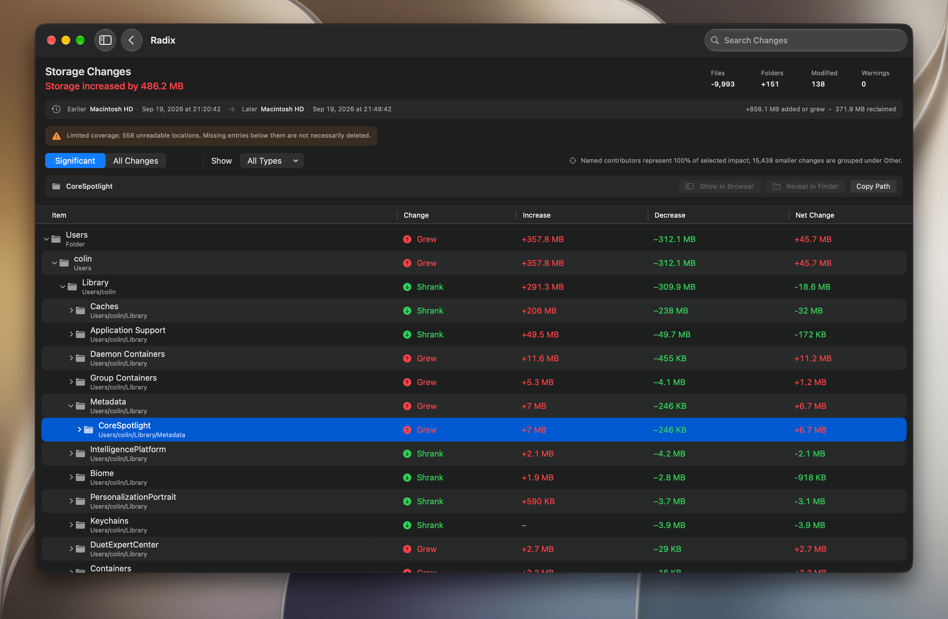 Radix scan comparison showing files and folders that changed over time