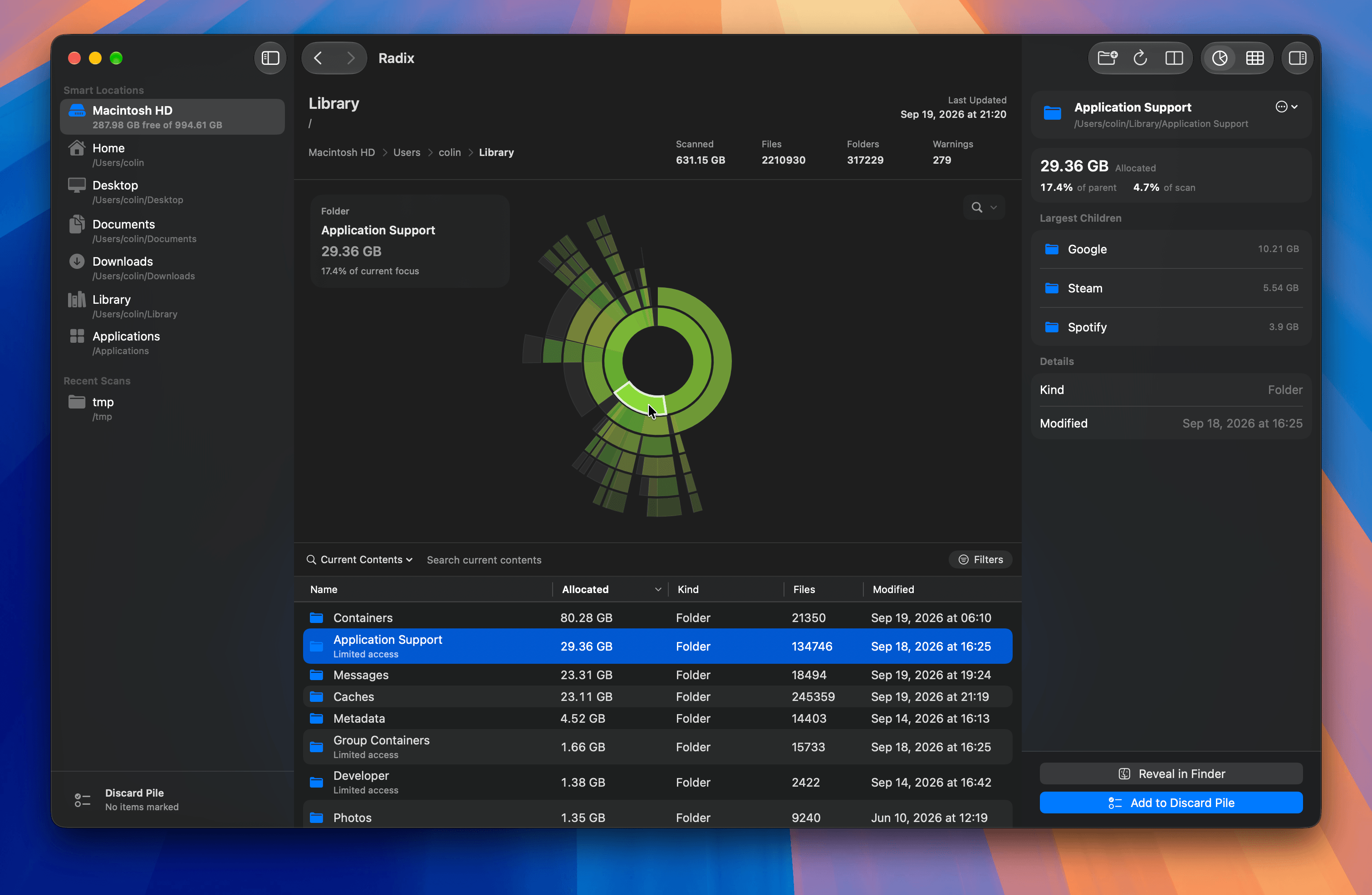 Radix showing a sunburst visualization with Smart Locations, file table, inspector, and Discard Pile