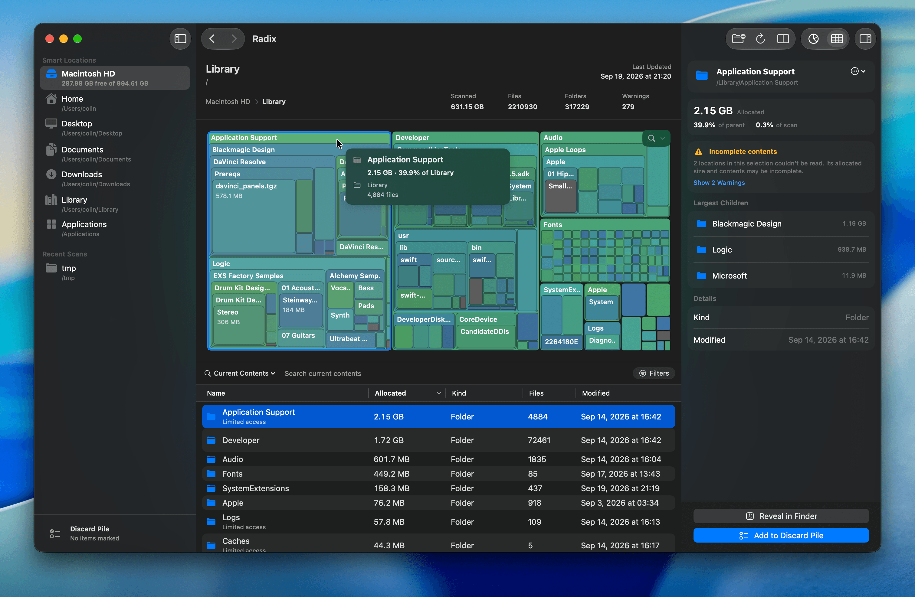 Radix showing a treemap visualization of disk usage